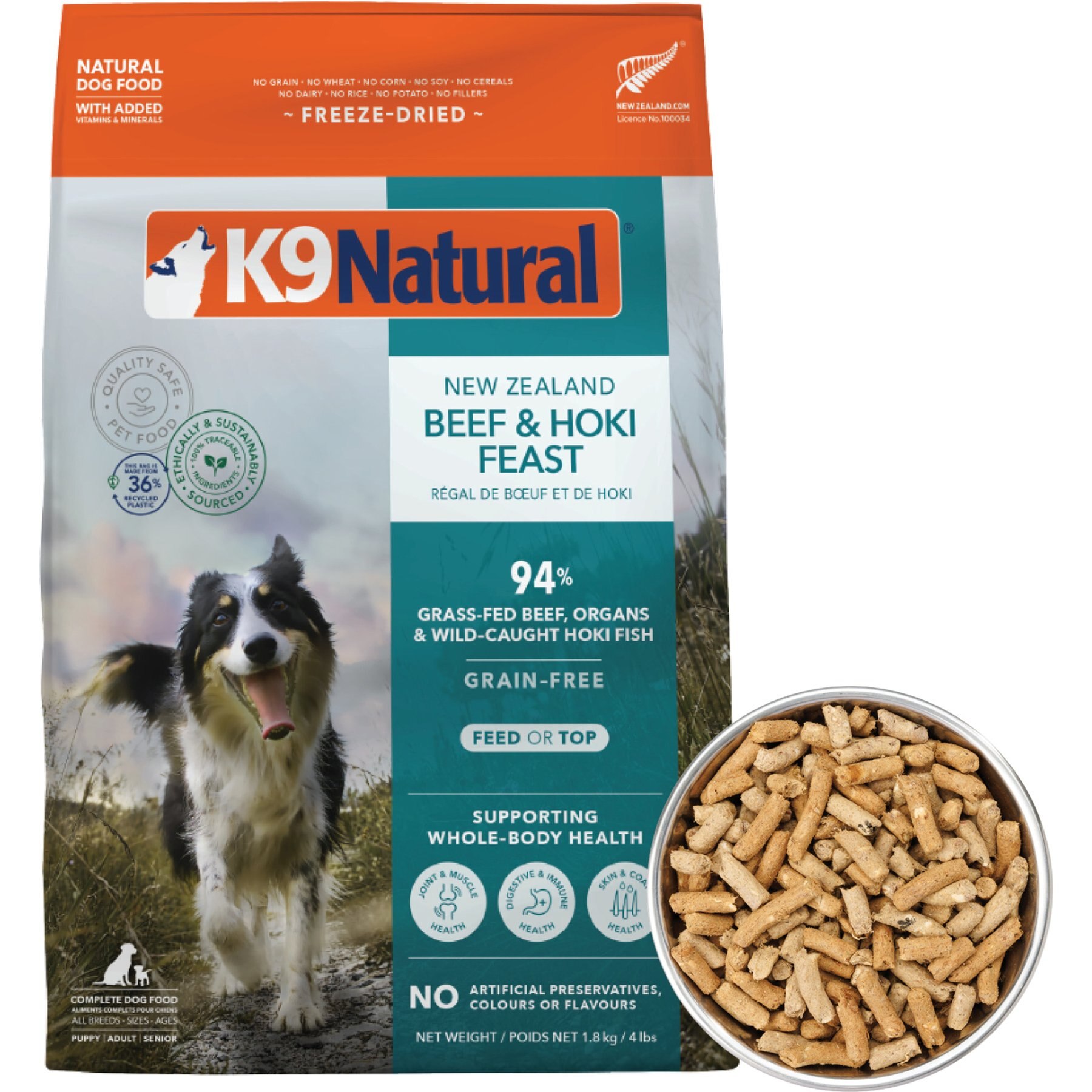 K9 Natural New Zealand Hoki & Beef Feast Grain-Free Freeze-Dried Dog Food, 4-lb bag