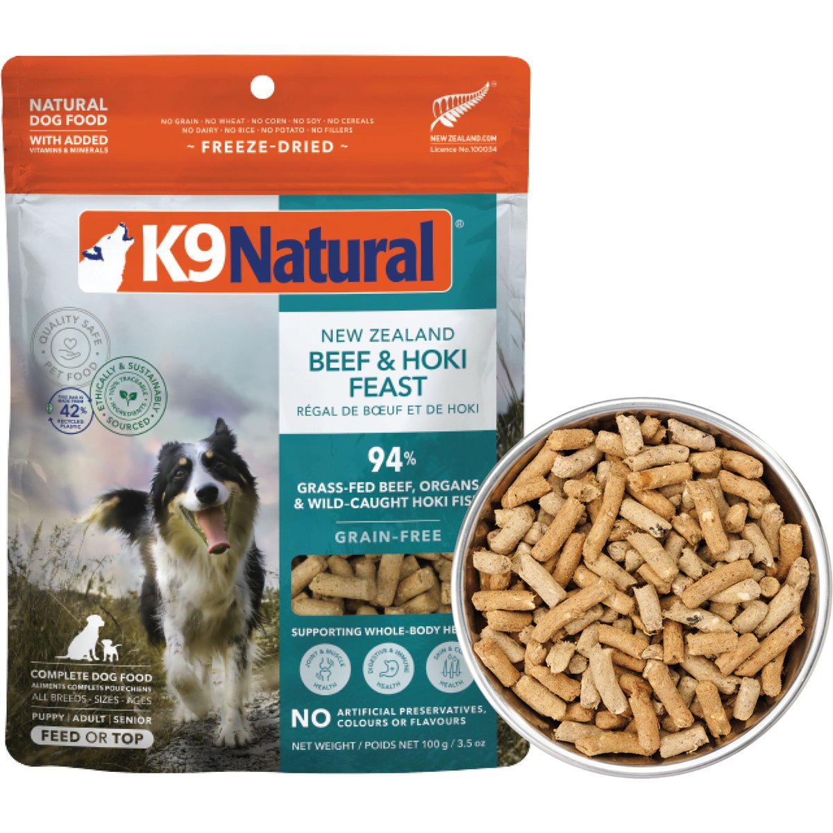 K9 Natural New Zealand Hoki & Beef Feast Grain-Free Freeze-Dried Dog Food Topper, 3.5-oz bag