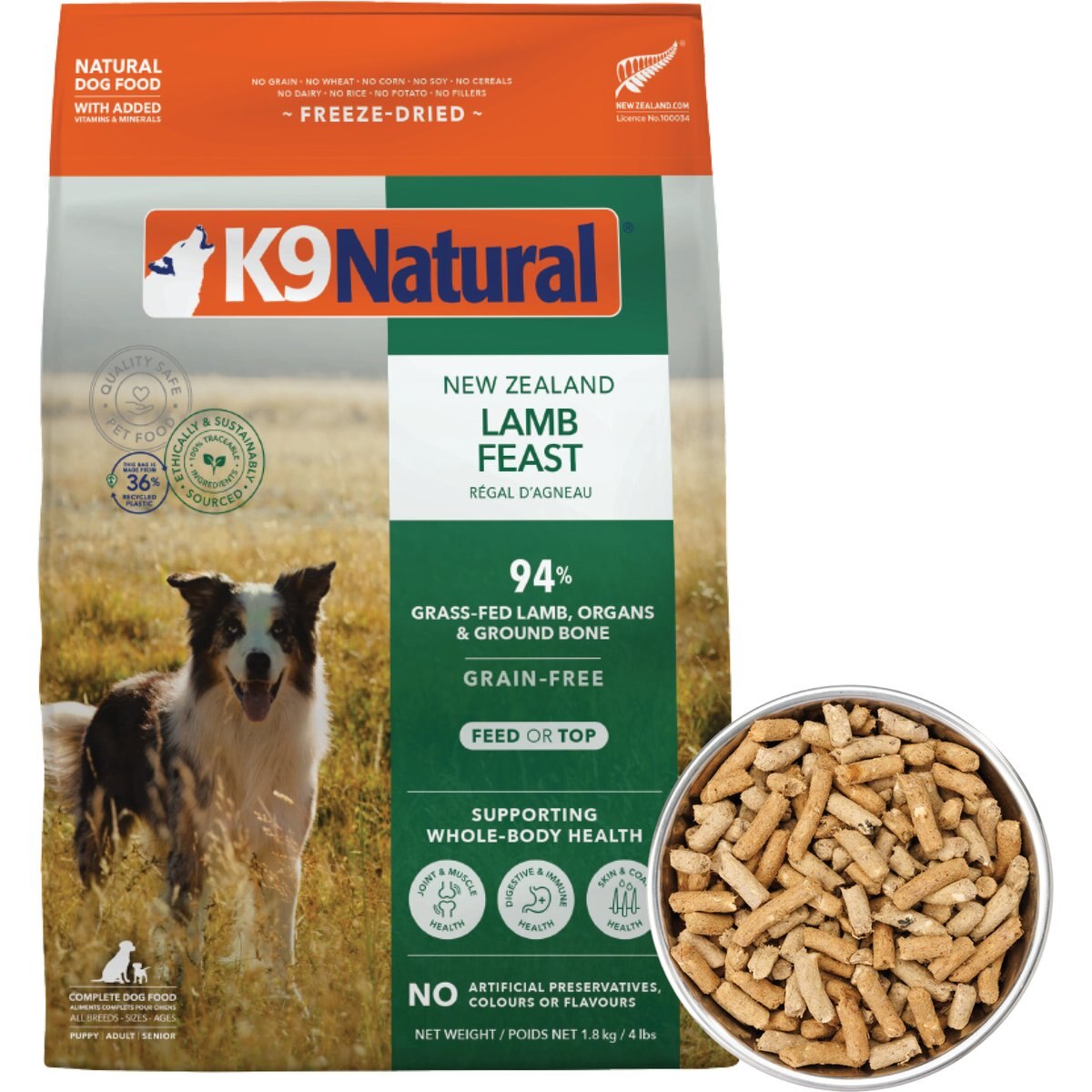 K9 Natural New Zealand Lamb Feast Grain-Free Freeze-Dried Dog Food, 4-lb bag