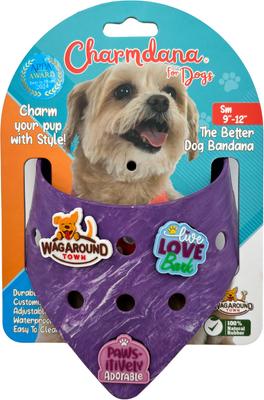 Show full view: WagAround Town Charmdana Waterproof Flexible Customizable Dog Bandana with Charms, Violet, Small slide 4 of 10