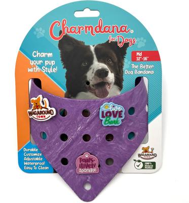 Show full view: WagAround Town Charmdana Waterproof Flexible Customizable Dog Bandana with Charms, Violet, Medium slide 3 of 9