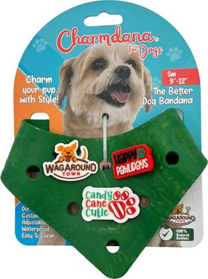Show full view: WagAround Town Charmdana Christmas Waterproof Flexible Customizable Dog Bandana with Charms, Green, Small slide 3 of 10