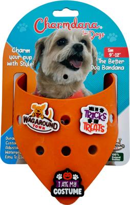 Show full view: WagAround Town Charmdana Halloween Waterproof Flexible Customizable Dog Bandana with Charms Here for Treats/Ate My Costume, Orange, Small slide 3 of 9