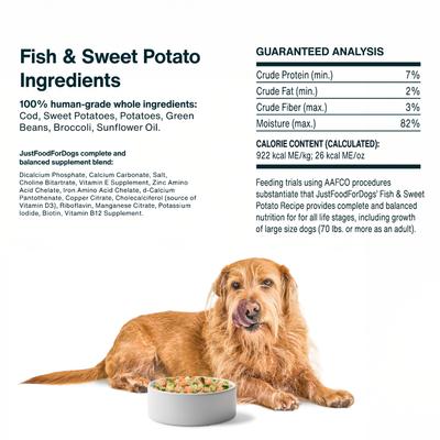 Show full view: JustFoodForDogs Fish & Sweet Potato Recipe Frozen Human-Grade Fresh Dog Food, 18-oz pouch, case of 21 slide 9 of 12