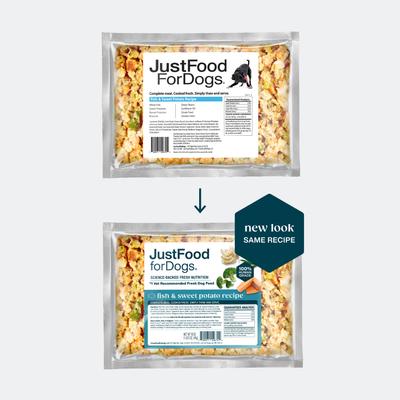 Show full view: JustFoodForDogs Fish & Sweet Potato Recipe Frozen Human-Grade Fresh Dog Food, 18-oz pouch, case of 21 slide 3 of 12