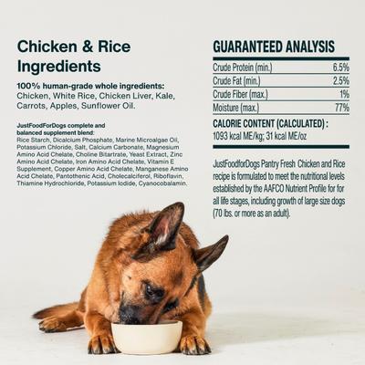 Show full view: JustFoodForDogs Pantry Fresh Chicken & White Rice Fresh Dog Food, 12.5-oz pouch, case of 12 slide 8 of 12