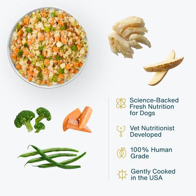 Show full view: JustFoodForDogs Fish & Sweet Potato Recipe Frozen Human-Grade Fresh Dog Food, 18-oz pouch, case of 21 slide 4 of 12