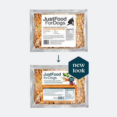 Show full view: JustFoodForDogs Turkey & Whole Wheat Macaroni Recipe Frozen Human-Grade Fresh Dog Food, 18-oz pouch, case of 14 slide 3 of 12
