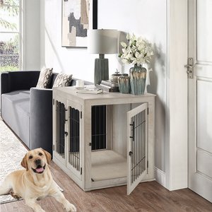 Unipaws Wooden Wire Furniture End Table Dog Crate, Weathered Gray, Large