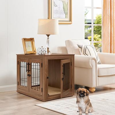 Show full view: Unipaws Wooden Wire Furniture End Table Dog Crate, Walnut, Medium slide 2 of 8