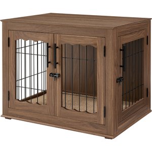 Unipaws Wooden Wire Furniture End Table Dog Crate, Walnut, Medium