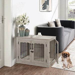 Unipaws Wooden Wire Furniture End Table Dog Crate, Weathered Gray, Medium
