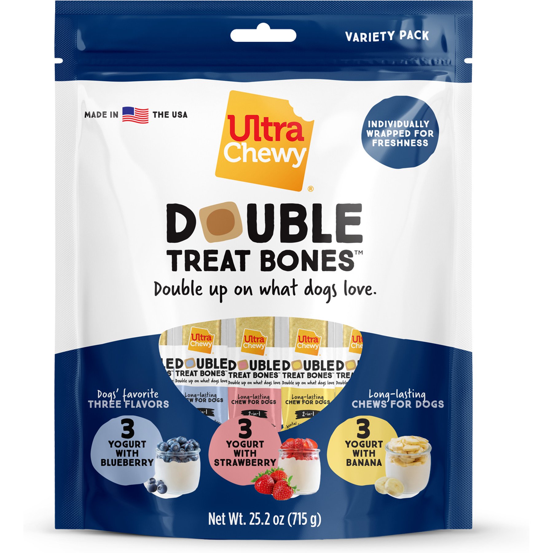 Ultra Chewy UC Double Treat Bone Yogurt + Fruit Variety Pack Dog Dental Chew Treats, 25-oz bag, 9 count