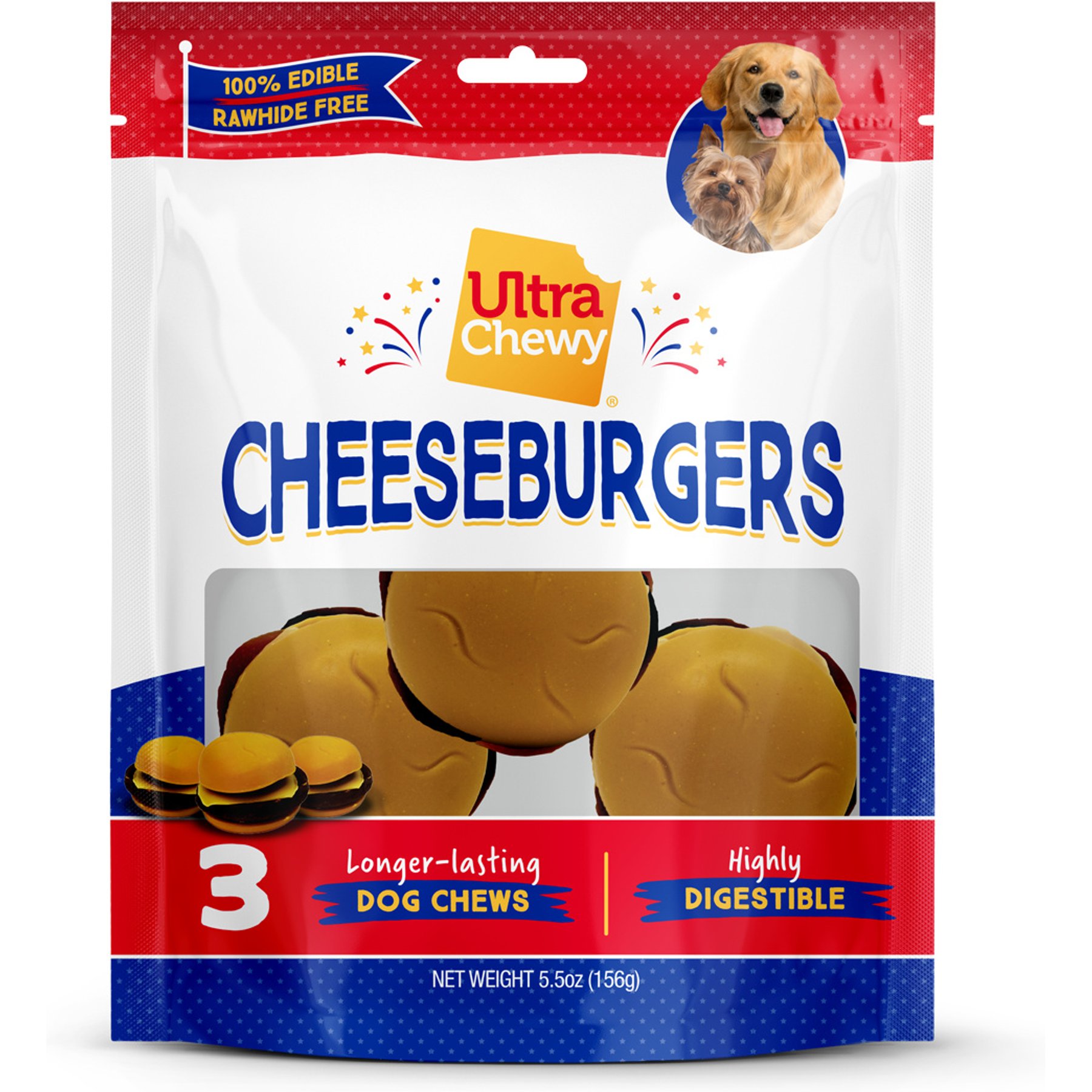 Ultra Chewy Cheeseburger Long-Lasting Dog Chew Treats, 5.5-oz bag, 2 count