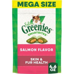 Greenies Feline SmartBites Healthy Skin & Fur Natural Salmon Flavor Soft & Crunchy Adult Cat Treats, 4.6-oz bag