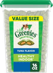 Greenies Feline SmartBites Healthy Indoor Natural Tuna Flavor Soft & Crunchy Adult Cat Treats, 16-oz tub