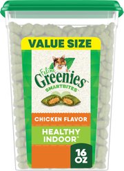 Greenies Feline SmartBites Healthy Indoor Natural Chicken Flavor Soft & Crunchy Adult Cat Treats, 16-oz tub