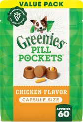 Greenies Pill Pockets Canine Chicken Flavor Natural Dog Treats, Capsule Size, 60 count