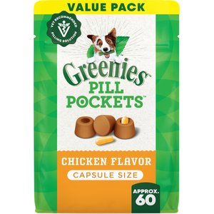 Greenies Pill Pockets Canine Chicken Flavor Natural Dog Treats, Capsule Size, 60 count