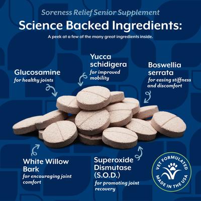 Show full view: NaturVet Soreness Relief Senior Hickory Smoked Bacon Chewable Tablets Dog Supplement, 60 count slide 6 of 9