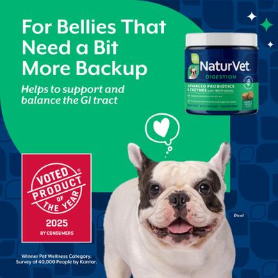 Show full view: NaturVet Advanced Probiotics & Enzymes Plus Vet Strength PB6 Probiotic Soft Chews Digestive Supplement for Dogs, 120 count slide 4 of 12