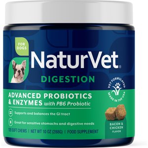 NaturVet Advanced Probiotics & Enzymes Plus Vet Strength PB6 Probiotic Soft Chews Digestive Supplement for Dogs, 120 count