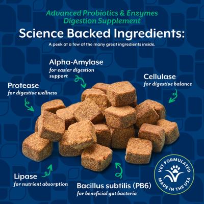 Show full view: NaturVet Advanced Probiotics & Enzymes Plus Vet Strength PB6 Probiotic Soft Chews Digestive Supplement for Dogs, 240 count slide 6 of 12