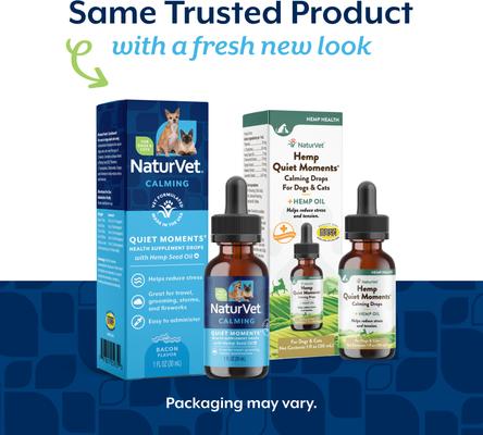 Show full view: NaturVet Quiet Moments with Hemp Seed Oil Calming Bacon Flavored Liquid Supplement Drops for Dogs & Cats, 1-fl oz bottle slide 3 of 9