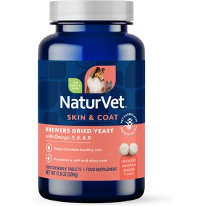 NaturVet Brewer's Dried Yeast with Omegas Chewable Tablets Skin & Coat Supplement for Cats & Dogs, 1000 count