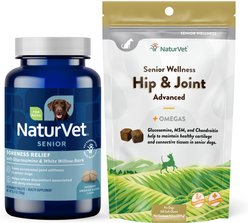 NaturVet Senior Care Hip & Joint Advanced Formula Dog Soft Chews, 120 count + NaturVet Senior Care Aches & Discomfort Dog Tablets, 60 count