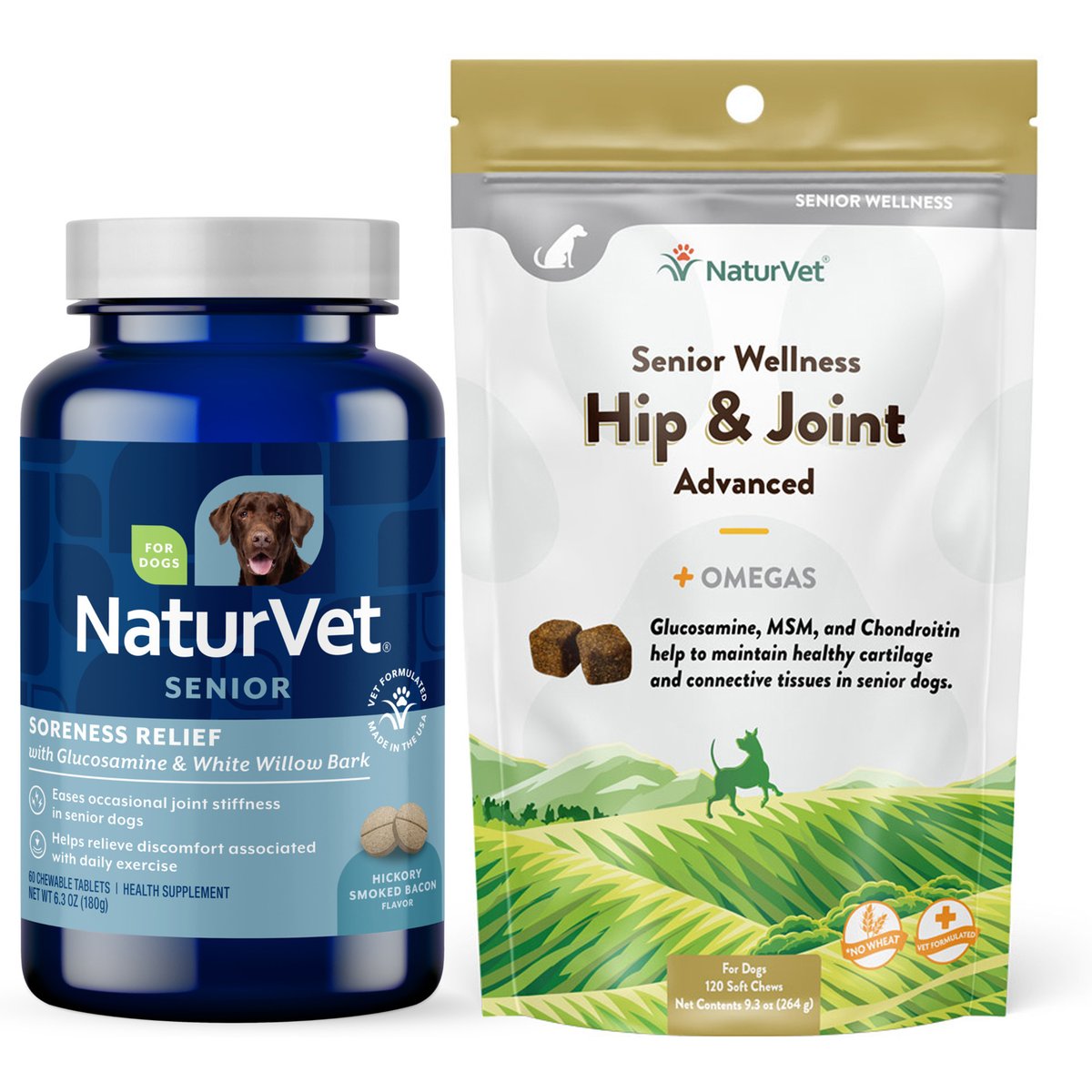 NaturVet Senior Care Hip & Joint Advanced Formula Dog Soft Chews, 120 count + NaturVet Senior Care Aches & Discomfort Dog Tablets, 60 count