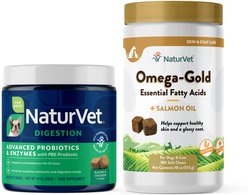 NaturVet Advanced Probiotics & Enzymes Plus Vet Strength PB6 Probiotic Soft Chews Dog Supplement, 120 count + NaturVet Omega Gold Plus Salmon Oil Soft Chews for Dogs, 180 count