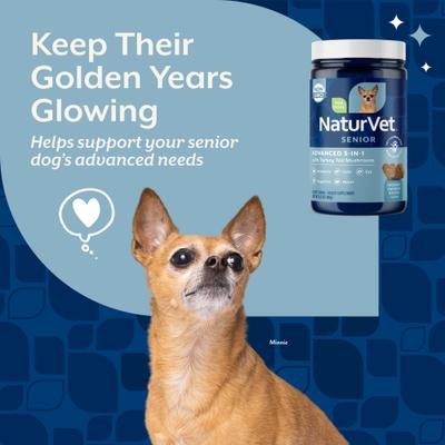 Show full view: NaturVet Senior Advanced 5-in-1 Support Turkey Tail Mushroom, Ginko Biloba, Coenzyme Q10 & Lutien Dog Supplement, 60 count slide 4 of 9