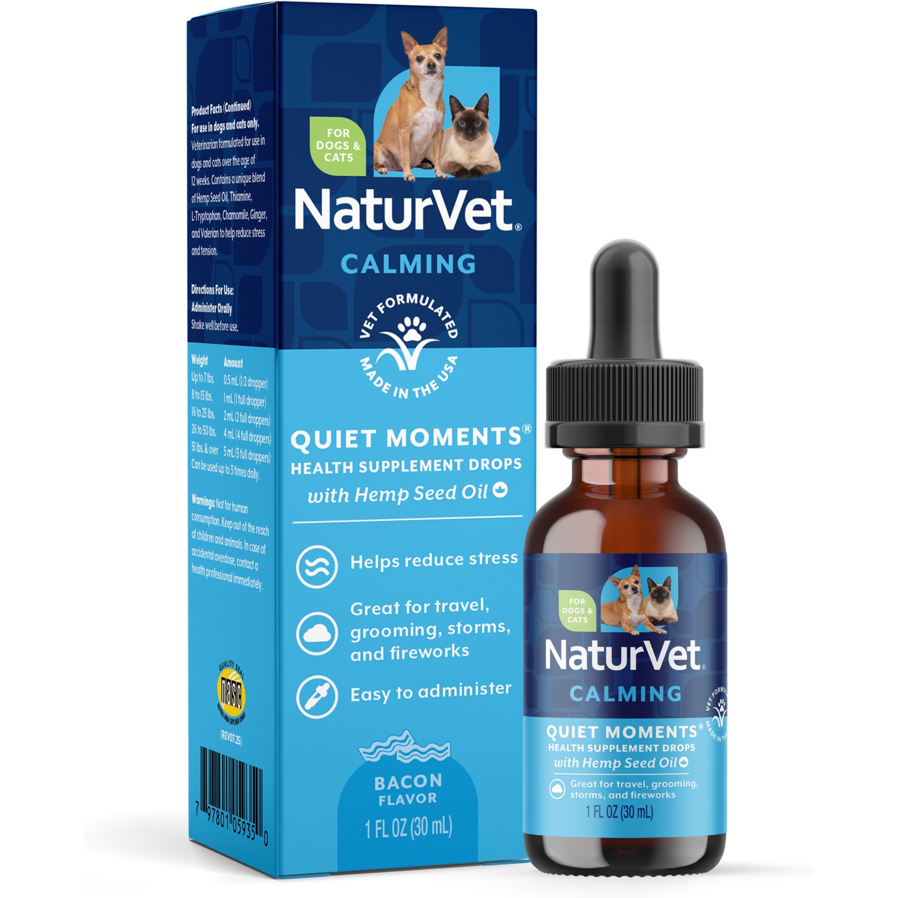 NaturVet Quiet Moments with Hemp Seed Oil Bacon Flavored Calming Supplement Drops for Dogs & Cats, 1-fl oz bottle