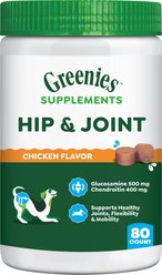 Greenies Hip & Joint Chicken Flavored Soft Chew Glucosamine Joint Supplement for Dogs, 80 count, 16.2-oz tub