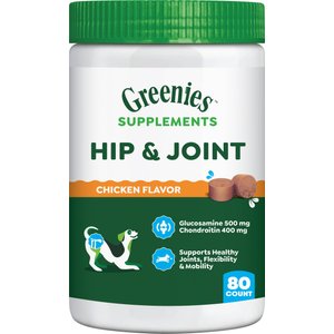 Greenies Hip & Joint Chicken Flavored Soft Chew Glucosamine Joint Supplement for Dogs, 80 count, 16.2-oz tub