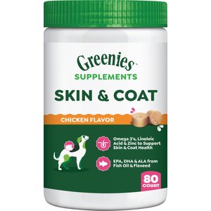 Greenies Skin & Coat Chicken Flavored Soft Chew Fish Oil Skin & Coat Supplement for Dogs, 80 count, 14.7-oz tub
