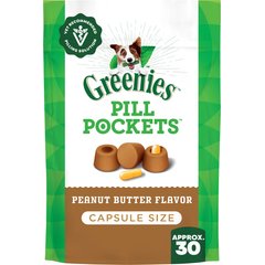 Greenies Pill Pockets Canine Real Peanut Butter Flavor Natural Dog Treats, Capsule Size, 30 count
