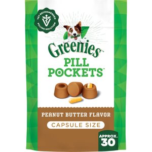 Greenies Pill Pockets Canine Real Peanut Butter Flavor Natural Dog Treats, Capsule Size, 30 count