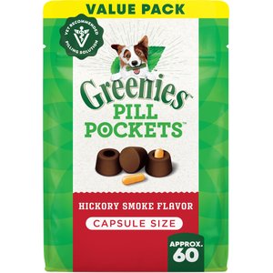 Greenies Pill Pockets Canine Hickory Smoke Flavor Natural Dog Treats, Capsule Size, 60 count