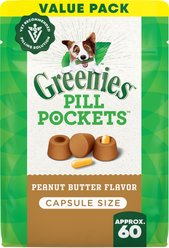 Greenies Pill Pockets Canine Real Peanut Butter Flavor Natural Dog Treats, Capsule Size, 60 count