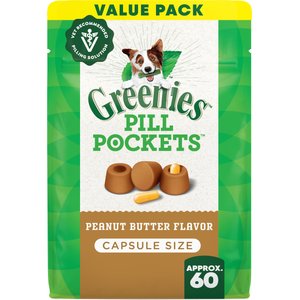 Greenies Pill Pockets Canine Real Peanut Butter Flavor Natural Dog Treats, Capsule Size, 60 count