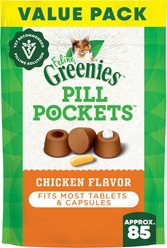 Greenies Pill Pockets Feline Chicken Flavor Natural Soft Adult Cat Treats, 3-oz bag, 85 count
