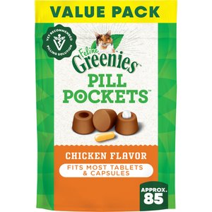 Greenies Pill Pockets Feline Chicken Flavor Natural Soft Adult Cat Treats, 3-oz bag, 85 count