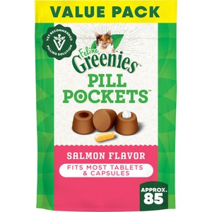 Greenies Pill Pockets Feline Natural Salmon Flavor Soft Adult Cat Treats, Salmon Flavor, 85 count