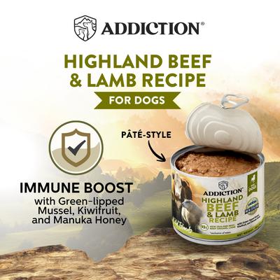 Show full view: Addiction Wild Islands Highland Adult Grain-Free Beef & Lamb Pate Canned Wet Dog Food, 6.5-oz can, case of 24 slide 4 of 10