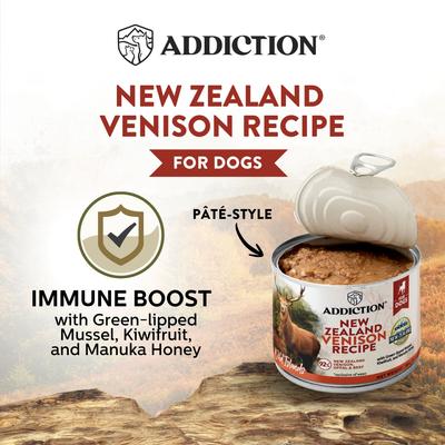 Show full view: Addiction Wild Islands New Zealand Adult Grain-Free Venison Pate Canned Wet Dog Food, 6.5-oz can, case of 24 slide 4 of 10