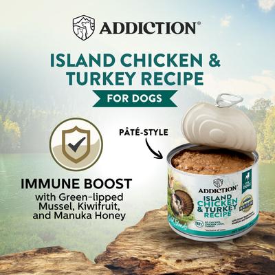 Show full view: Addiction Wild Islands Island Adult Grain-Free Chicken & Turkey Pate Canned Wet Dog Food, 6.5-oz can, case of 24 slide 4 of 10