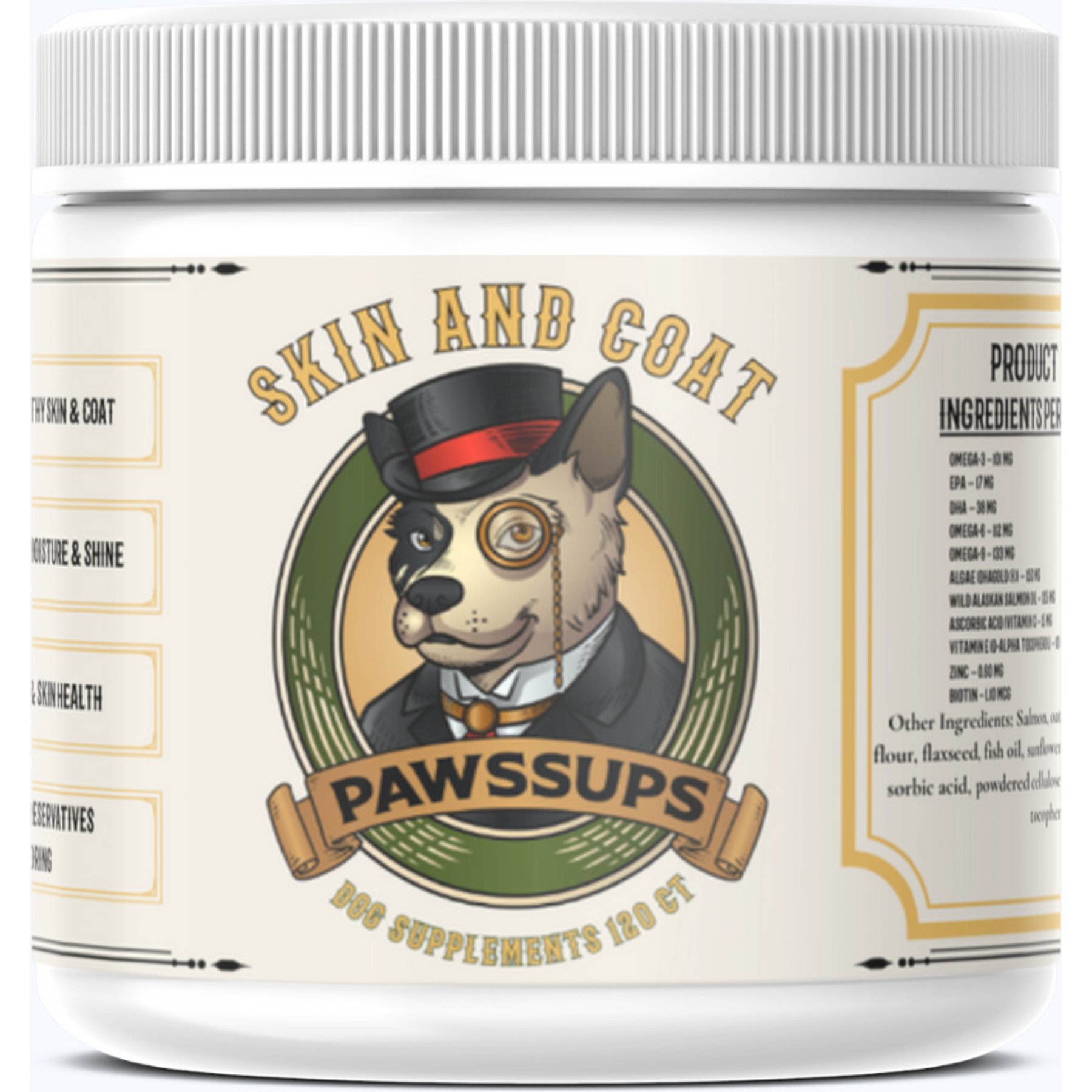 Pawssups Skin & Coat Chew Supplement for Dogs, 120 count jar