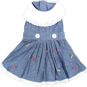 Parisian Pet Prairie Dress Denim Eyelet Yoke Dress for Dogs & Cats, Blue, Medium